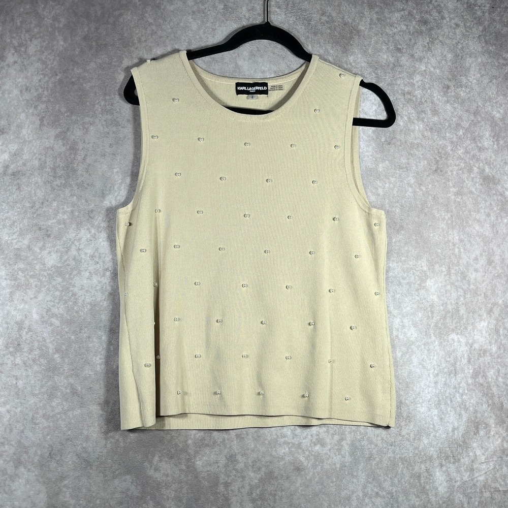 Karl Lagerfeld Tank Top Womens Large Tan Knit Faux Pearls Scoop Neck Camisole
